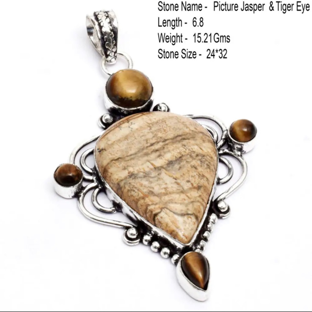Picture Jasper And Tiger Eye 925 Silver Overlay Pendant